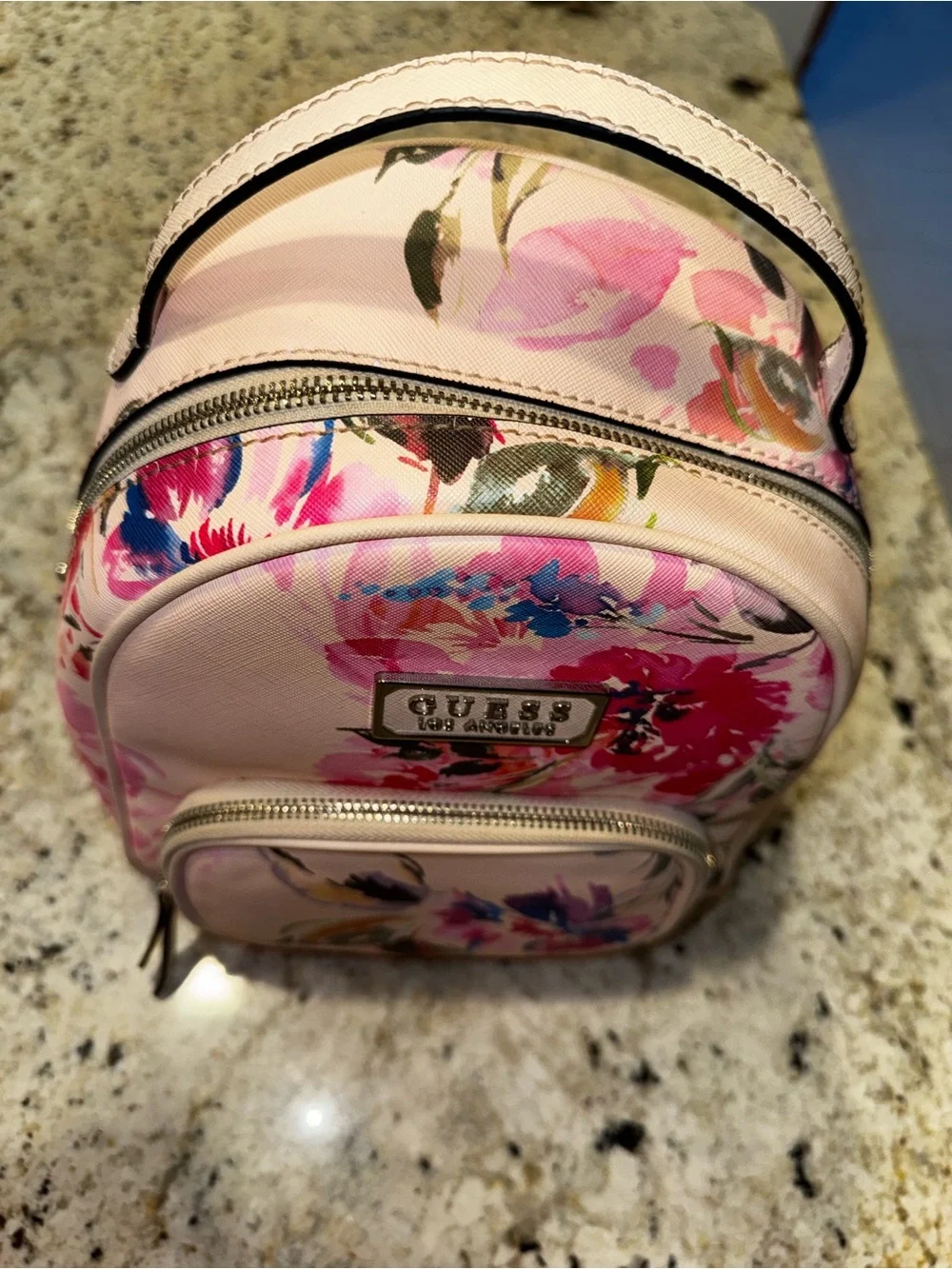 GUESS Pink Floral Mini Backpack with Multicolor Bloom Print